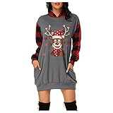 SGSD Damen Hoodie Kleid,Weihnachten,Langarm,Sweatshirts,Kapuzenpullover,Tops,Herbst,Minikleid,Xmas,Santa Rentier Lange Pulli Kleid Mit Tasche,Weihnachtskleid,Pullover Mit W