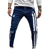 Qinvern Herren Zerrissene Jeans Gerade Slim Fit Lässige Jeanshose Modischer Streifendruck Bequeme Sport Waschbare Jeans XL