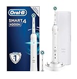 Oral-B Smart 4 4000N CrossAction Elektrische Zahnbürste, wiederaufladbar, weißer App-Griff, 3 Modi, Drucksensor, 2 Zahnbürstenköpfe, Reiseetui, 2-poliger UK-Stecker, Geschenk für Männer/F