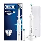 Oral-B Smart 4 4000N CrossAction Elektrische Zahnbürste, wiederaufladbar, weißer App-Griff, 3 Modi, Drucksensor, 2 Zahnbürstenköpfe, Reiseetui, 2-poliger UK-Stecker, Geschenk für Männer/F