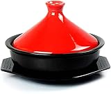 MISINIO Nicht-Stick-Shallow Keramik Casseroleearthen Bleifreier Kochen Tajine 23cm Tajine Kochtopf Keramik Tajine Topf Eintopf Casserole Slow Cooker mit Schaufel und Holztablett Red Incomparab