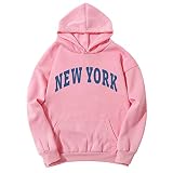 ShallGood Hoodies Damen Pullover Kapuzenpullover New York Brief Print Sweatshirt Oversized Hip Hop Pullover Tops Longsleeve Tops Kapuzenpulli Casual Z1 Rosa 42