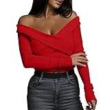 MRULIC Damen Oberteil Langarm V-Ausschnitt Einfarbige Schulterfrei Off Shoulder TräGerloses Langarmshirt Elegant Pullover Blusen Tuniken Shirts T-Shirt Tops(A2 rot,M)