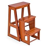 GOPLUS Leiterstuhl 3 Stufen, Tritthocker Klappbar, Hockerleiter aus Kiefernholz, Trittleiter Haushaltsleiter Holztreppen, Tragfähigkeit 130kg, Farbwahl (Natur)