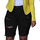 LRWEY Damen Zerrissene Jeans Elastische Destroyed Loch Leggings Kurze Hosen Denim Shorts Zerrissene Jeans, Schwarz , L