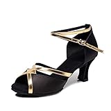 YFCH Damen Outdoor Standard & Latein Schuhe Tanzschuhe Peep-Toe Tanz Schuhe Sandalen Pumps mit 5CM Absatz, Schwarz& Gold, 39/39.5 EU(Label: 41)