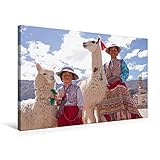 CALVENDO Premium Textil-Leinwand 75 cm x 50 cm quer Frau und Mädchen mit Lama und Alpaka | Wandbild, Bild auf Keilrahmen, Fertigbild auf echter Leinwand. Maca, Colca Canyon, Peru Orte O