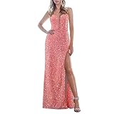 CEFGR Damen Partykleid Tiefem V-Ausschnitt Samt Material Langarm Abend Party Ballkleid Prom Maxi Abendkleid Bequemes Warmes Winterkleid mit Pailletten (003#Rosa, S)