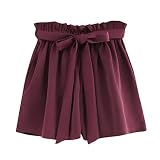 ZARU Damen Casual Shorts, Sommer Einfarbig Kurze Hose Elastische Taillen Taschen Kurzschluss-Hosen mit Tunnelzug, Retro-Sti Weite Bein Shorts (L, Weinrot)