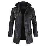 Kanpola Ledermantel Herren Lang Lederjacke Kapuze Slim Fit Parka Jacke mit Innenfell,Herbst Winter Windbreaker Mit GüRtel MäNner Bikerjacke Street Style Business M