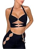 Miucchy Sexy Neckholder-Weste, Spaghettiträger, Schnürschnalle, hohl, bauchfrei, Streetwear, Schwarz , 36