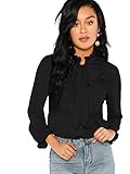 DIDK Damen Elegant Chiffonbluse Stehkragen Einfarbig Langarmshirts Spitzen Blusen Rüschen OL Business Oberteile mit Schleife vorne Schwarz L