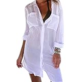 Strandhemd für den Sommer, für Damen, Pareo, Cover Up Strand, sexy, transparent, langärmlig, mit Taschen, Strandkleid mit Polohausschnitt, für Damen, Weiß