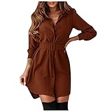 Oversized Boyfriend Hemdkleid Damen Elegant Blusenkleid Business Knielang Kleid V-Ausschnitt Tasten Langarm Herbst Tunika Kleider mit Kordelzug Gürtel Einfarbig Freizeitkleid Knöpfen T S