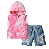 2-teiliges Set für kleine Jungen, ärmellos, mit Kapuze und Batik-Oberteil, hohe Taille, gerissene Denim-Shorts., rot, 3-4 J
