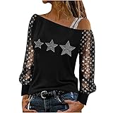 UHouse Oberteile Damen Sexy Schulterfrei Langarmshirt Tshirt Diamant Glitzer Druck Musiknoten Fünfzackigem Stern Motiv Langarm Tunika Bluse Elegant Sweatshirt Pullover Spitze Streetwear L