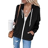 YEBIRAL Damen Sweatjacke Zip Hoodie Kapuzenjacke Langarm Pullover Oberteile Kapuzenpullover Mode Casual Sweatshirt Jacke mit Kapuze Taschen(3XL,A- Schwarz)