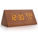 NBPOWER Wecker Digital LED Digitale Uhr Holz,Digitalwecker Tischuhr mit Sprachsteuerung/Snooze/Datum/Temperatur und Luftfeuchtigkeit, für Nachttisch, Schlafzimmer, Nacht Kinder und Büro- B