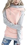 ECOWISH Damen Kontrastfarbe Pulli Pullover Rollkragen Sweatshirt Kapuzenpulli Top Hoodies Rosa L