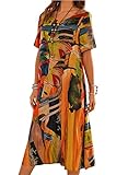 Vera Damen Sommer Freizeit Blumenmuster Boho Rundhalsausschnitt Strand Maxi Kleid (M, Orange)