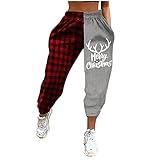 RKaixuni Joggings Thermo Sweathose Damen Weihnachtskostüm Lustig Santa Druck Plüsch Fleecehose Elastische Taille High Waist Stretch Loose Lange Jogger Harem Hosen F