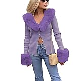 ZFQQZXC Winter Damen Pelzkragen sexy einfarbige Strickjacke Lang