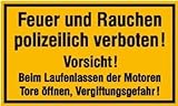 INDIGOS UG - gelb-schwarz - Hinweisschild für Tankanlagen und Garagen Feuer und Rauchen polizeilich verboten Vorsicht! Kunststoff (Polysterol) PVC - Größe 25x15