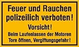 INDIGOS UG - gelb-schwarz - Hinweisschild für Tankanlagen und Garagen Feuer und Rauchen polizeilich verboten Vorsicht! Kunststoff (Polysterol) PVC - Größe 25x15