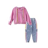 Poywuo Trainingsanzug Jogginganzug Kinder Mädchen 2tlg Sportswear-Jogginganzüge Mädchen Sportanzug Bekleidungsset Zweiteiler Freizeitanzug Outfit-Set(Sweatshirt+Jeanshose), Pink Lila, 120(EU 116)