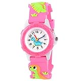 Venhoo Kinder-Armbanduhr, Cartoon-Motiv, wasserdicht, Silikon, für Kinder, Geschenk für Jungen, schwarzer Dinosaurier (Rosa) (Blaue Strecke) (Rose)
