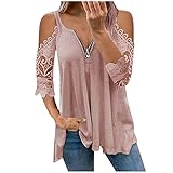 Damen Blusen Sommer Kurzarm Kalte Schulter Sexy V-Ausschnitt Reißverschluss Bluse Tunika Oberteile T-Shirt Tops Lose Spitze Kurze Ärmel Sommerbluse Tuniken Elegant Basic Tshirt Long