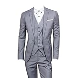 3-Teiliges Classic Fit Anzug-Set Für Herren 1 Knopf Casual Slim Ballkleid Anzüge Business Einfarbige Smokingjacke Weste Hose (Hellgrau,S)