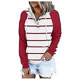 CHUNT Sweatshirt Damen Vintage V-Ausschnitt Button Down Blusen Herbst Winter Herbstpullover Hoodie Kontrastfarbe Kapuzen Top Lang