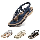Camfosy Sandalen Damen Flach Sommer, Zehentrenner Strand Bohemian Sandalen mit Weiche Fußbett Freizeit Sommerschuhe Mädchen Mode Webmuster Urlaub rutschfest Flip Flops - Schwarz Gr.36-44