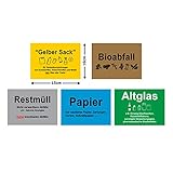 5 Stück Mülltrennung Aufkleber Gelber Sack/Restmüll/Altpapier/Biomüll/Altglas 15 x 10 cm Recycling mit UV Schutz für Außenbereich Innenb