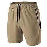 Herren Sport Shorts Kurze Hose Schnell Trocknend Sporthose Leicht mit Reißverschlusstasche(Khaki,EU-2XL/US-XL)