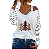 WANGTIANXUE Merry Christmas Damen Weihnachten Kostüm V-Ausschnitt Langarmshirt Weihnachtsbaum Druck Sweatshirt Ugly Christmas Sweater Modlisch Weihnachten Schulterfrei Winter Langarm T S