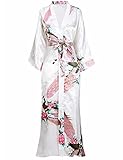 BABEYOND Damen Morgenmantel Maxi Lang Seide Satin Kimono Kleid Pfau Muster Kimono Bademantel Damen Lange Robe Schlafmantel Girl Pajama Party (Weiß)