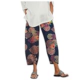Watopia Damen Yogahose Sport Hose Loose Trainingshose Sommer Große Größen Leinen Freizeithose mit Taschen Frauen Hosen Jogginghose Bequem Haremshosen High Waist Druck Haremshose Pumphose L