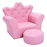 GIANTEX Kindersofa mit Hocker, Kindersessel Kindercouch in Kronen-Form, Prinzessin Sessel Sofa Set Softsofa mit Kristallknöpfen, perfekt für Mädchen, 58 x 40,5 x 49 cm (Rosa)