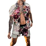 sutelang lurryly Hawaiianisches Hemd für Herren, Strandshorts, 2-teilig, Sportswear, lässig, große Größe, schick, Strandhemd, Jogging, Trainingsanzug, leicht und atmungsaktiv, Weinrot, XXL