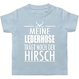 Kompatibel mit Oktoberfest Baby Outfit - Meine Lederhose trägt noch der Hirsch - weiß - 6/12 Monate - Babyblau - Lederhose Baby - BZ02 - Baby T-S