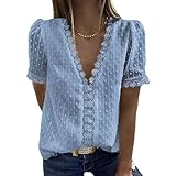 DUNQI Damen Chiffon Shirts Sommer Kurzarm Tiefer V-Ausschnitt Spitzenbesatz Blumen Elegant Basic Kleid Hemden Blusen Frauen Lässig Sexy Große Größe Einfarbig Jacquard T-Shirts Tunika Oberteile Top