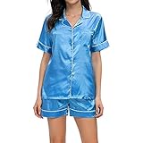 bingyu Damen Pyjama Set Seide Satin Nachtwäsche Knopfleiste Nachtwäsche Zweiteilige Kurzarm und Shorts Loungewear Pjs Set, A_blue2, Bronze,