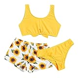LIEIKIC Bikini Mädchen Badeanzug mit Shorts, Kinder Dreiteiliger Sonnenblume Bademode Set, Träger Top, Badeshorts, Hot Pants Set, Sommer Teenager Badeanzüge Bekleidung für 8-14 Jahre, 130-160