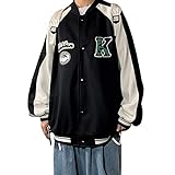 L&ieserram Baseball-Jacke College Damen Buttons Down Bomberjacke mit Stickerei Oversize Grafik Sweatshirt Langarm Mantel Top, Schwarz/Weiß, XXL
