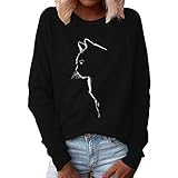 Xmiral Sweatshirt Damen Katze Gedruckt Einfarbig Pullover Slim Fit Langarm O-Ausschnitt T-Shirt Bluse(Schwarz,3XL)