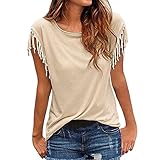 FUQUAN Damen T-Shirt Sommer Bluse Tops Einfarbig Fransen Ärmeln Rundhals T-Shirt Tops Mode Quaste Kurzarm T-Shirt Damen Sexy Gestreiften Fransen Kurzarm T Shirt Sommer Beiläufige Shirts Mode Eleg