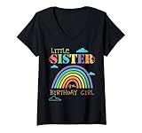 Damen Little Sister Of The Birthday Girl Rainbow Matching Family T-Shirt mit V