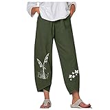 Leinenhose,Damen Boho Haremshose,7/8 Sommerhose Daisy Print, Elastischer Bund, Hohe Taille Yogahose Mit Weitem Bein Elegante Hose, Weite Schlichte Haremshose Leichte Jogginghose Ca (Grün, XXL)